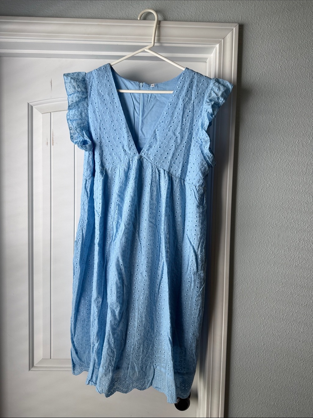 Light Blue Eyelet Flutter Sleeve Dress